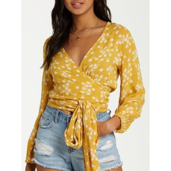 BILLABONG Love Wrapped Crop Top Sz L Yellow Floral Peasant Long Sleeve Tie Waist - Picture 3 of 14